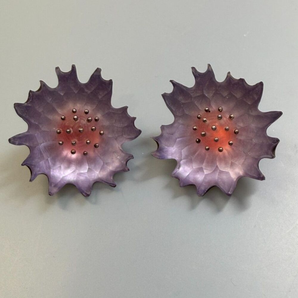 Alexis Bittar Lucite Flower Earrings Hand-Carved Purple Pink Clipons NEW & RARE